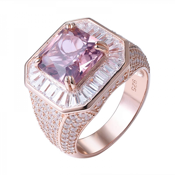plata de ley oro rosa morganita talla cuadrada Cz anillo de compromiso con halo de diamantes 