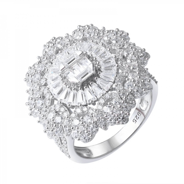  925 anillo de plata de ley con circonita cúbica blanca transparente y rodio sobre forma de flor 