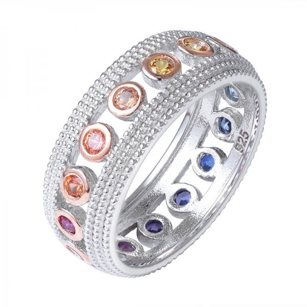 anillo de eternidad de corte redondo con piedras preciosas de zafiro de color arcoíris 