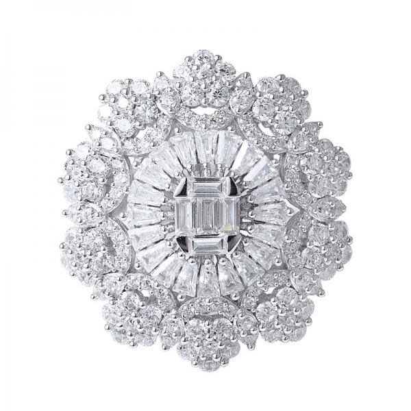  925 anillo de plata de ley con circonita cúbica blanca transparente y rodio sobre forma de flor 