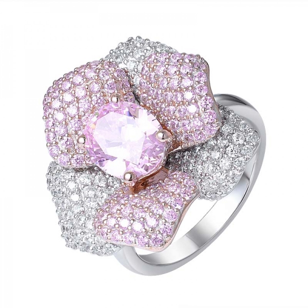 laboratorio creado diamante rosa 2ctw anillo de flor rosa de rodio sobre plata de talla ovalada 