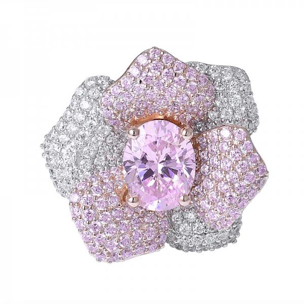 laboratorio creado diamante rosa 2ctw anillo de flor rosa de rodio sobre plata de talla ovalada 