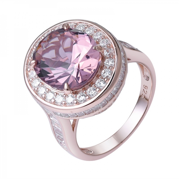 lujo óvalo rosa morganita zirconia cúbica piedra preciosa oro rosa anillo de plata 