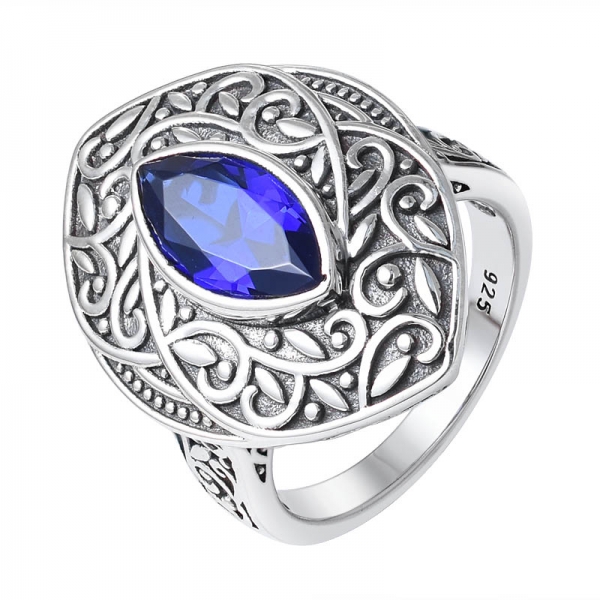 marqueses cuting azul zafiro negro plateado 925 proveedor de anillo de joyería de plata 