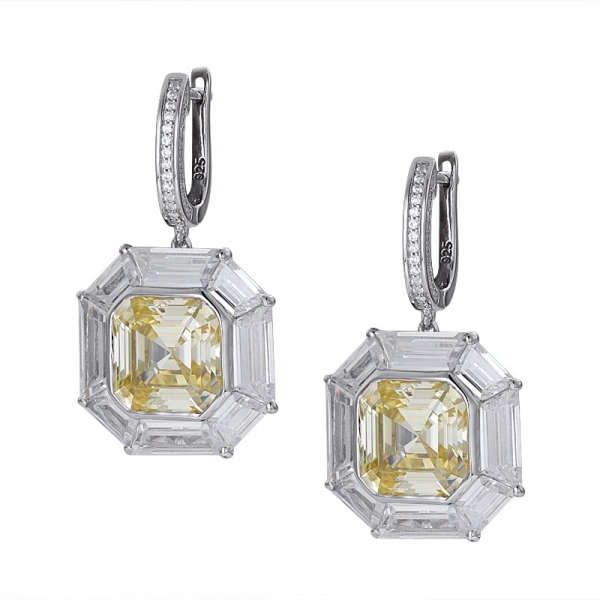  Asscher corte simula diamante amarillo rodio sobre pendiente de gota de plata esterlina 