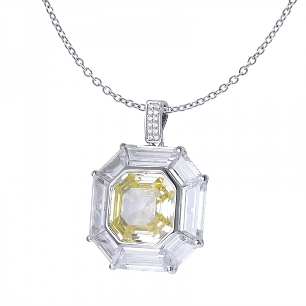  Asscher corte simula diamante amarillo rodio sobre colgante de cristal de plata esterlina 