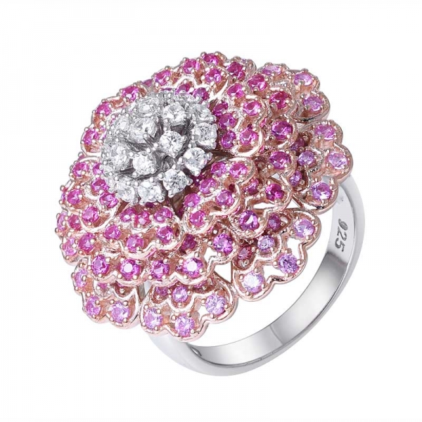 anillo custer con forma de flor de plata de ley chapado en 2 tonos de corindón rubí 