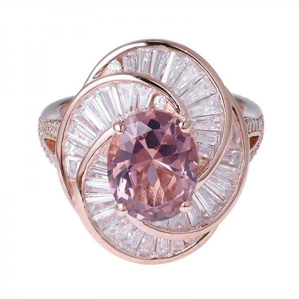 morganita simulada de corte ovalado CZ anillo de bodas de oro rosa sobre plata esterlina 