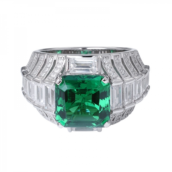  Asscher creado rodio verde esmeralda sobre anillo de bodas de plata esterlina 