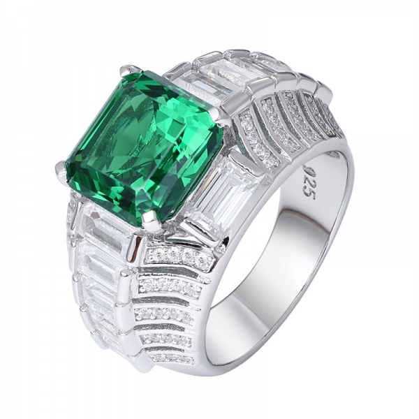  Asscher creado rodio verde esmeralda sobre anillo de bodas de plata esterlina 