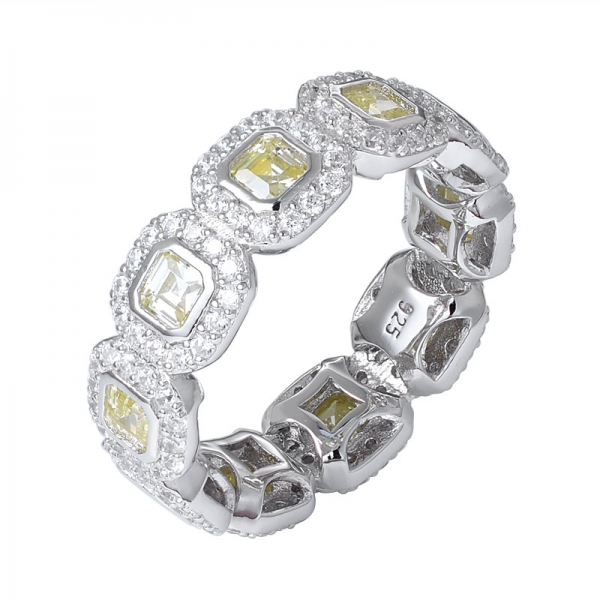 amarillo cz diamante asscher corte de rodio sobre anillo de eternidad de plata de ley 