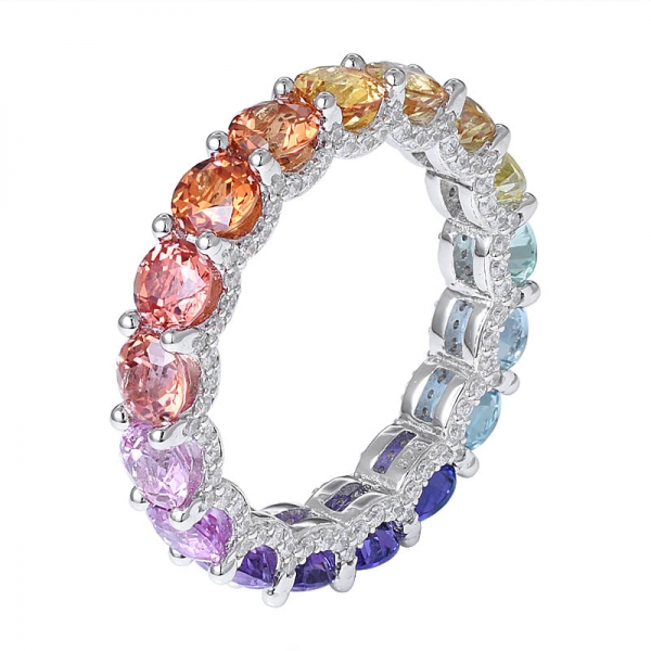  4,0 mm Anillo de arco iris de eternidad con piedras preciosas de zafiro de colores sintéticos redondos 