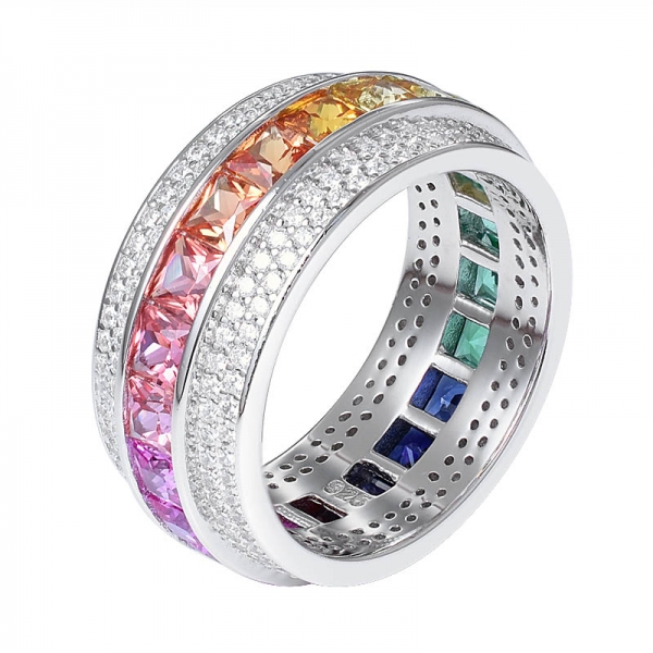 halo engastado cuadrado sintético colorido zafiro piedras preciosas rodio sobre plata esterlina arcoíris anillo de eternidad 