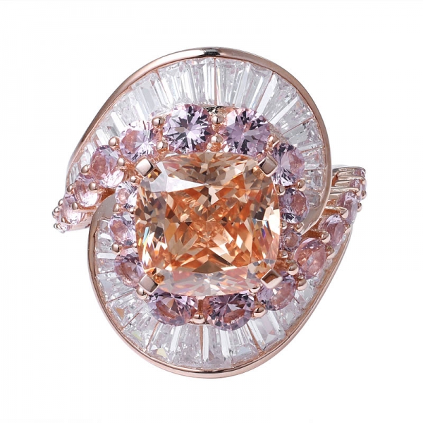 champán corte cojín CZ 18K anillo de compromiso de oro rosa sobre plata de ley 