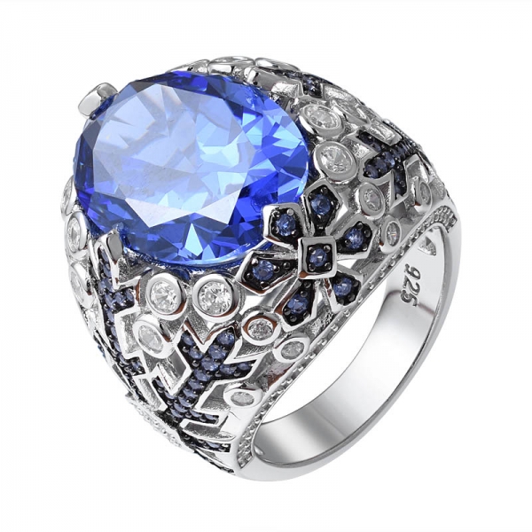 corte ovalado creado azul tanzanita anillo de compromiso de plata de ley con baño de piedra en 2 tonos 