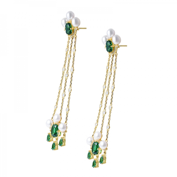 creado esmeralda verde 18K arete de perlas de oro amarillo sobre plata de ley 