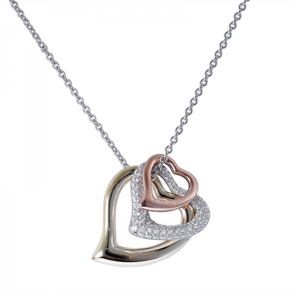 blanco CZ Diamante en 3 tonos sobre plata de ley con colgante de 3 corazones con cadena 