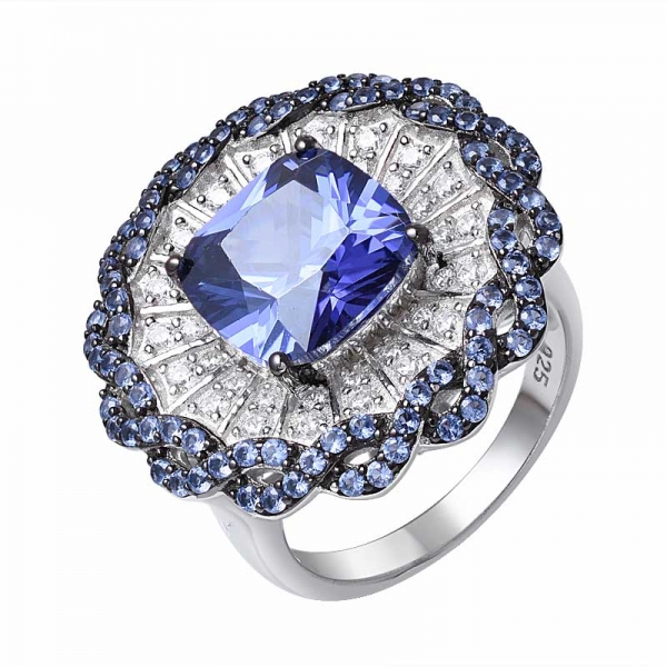 azul Tanzanita corte cojín 2 tonos anillo de banda nupcial plateado sobre plata de ley 