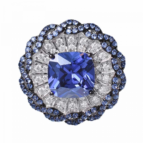 azul Tanzanita corte cojín 2 tonos anillo de banda nupcial plateado sobre plata de ley 