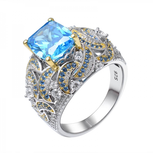 apatita azul neón CZ & Azul anillo de bodas de zafiro chapado en 2 tonos sobre plata de ley para mujer 