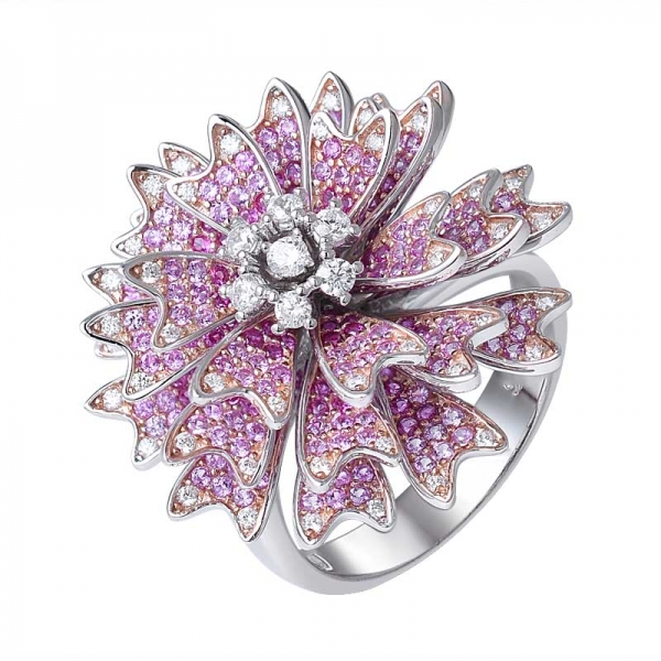 piedra preciosa rubí creada en 2 tonos sobre anillo de flor de plata esterlina 