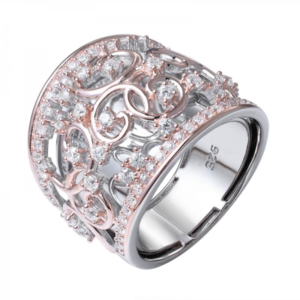 circonita cúbica blanca Rodio y Rosa anillo de oro 2 tonos sobre plata de ley 