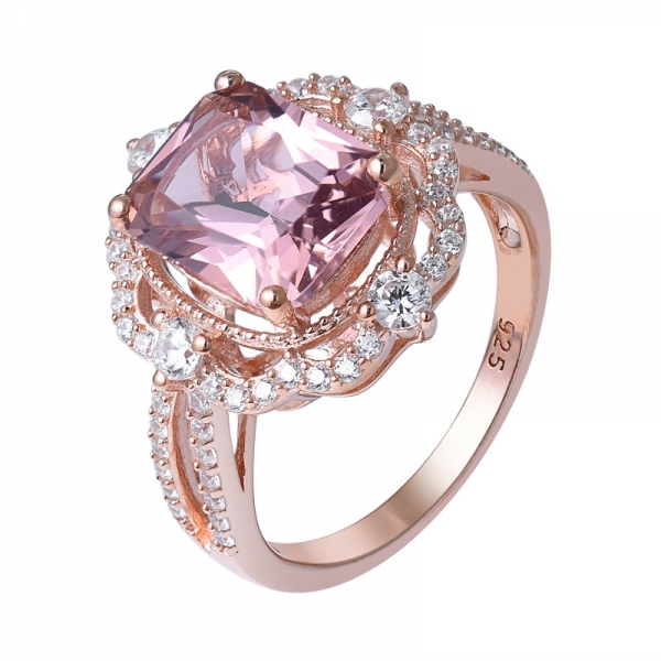 anillo de bodas de plata esterlina con corte cojín de morganita rosa en oro rosa 