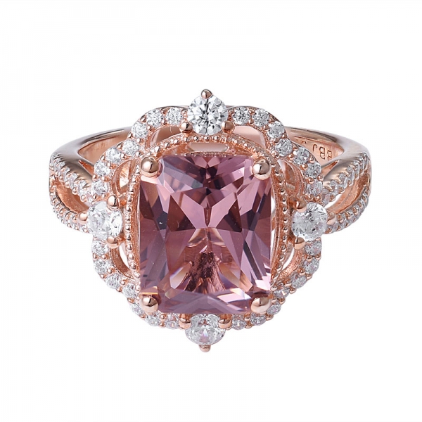 anillo de bodas de plata esterlina con corte cojín de morganita rosa en oro rosa 