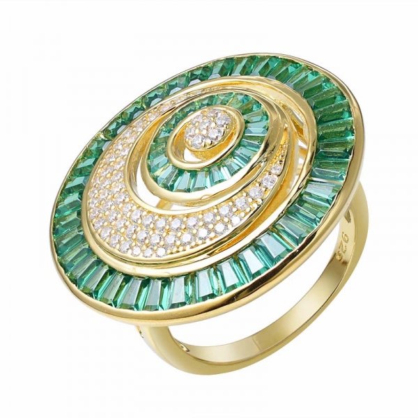 corte baguette creado en oro amarillo esmeralda sobre anillo de plata esterlina 
