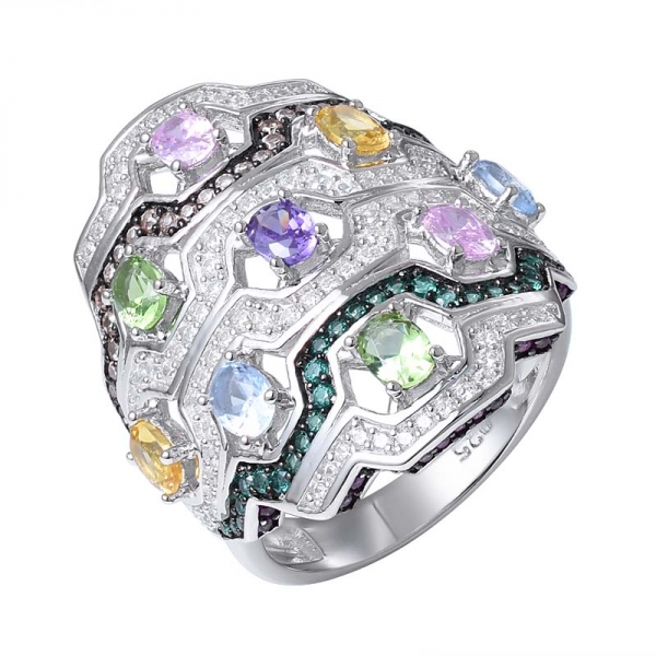anillo de plata de ley con rodio de piedras preciosas de colores 