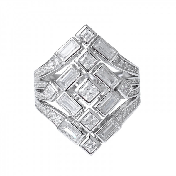 anillo de plata con diseño de racimo de circonita cúbica blanca y rodio de corte cuadrado sobre plata esterlina 