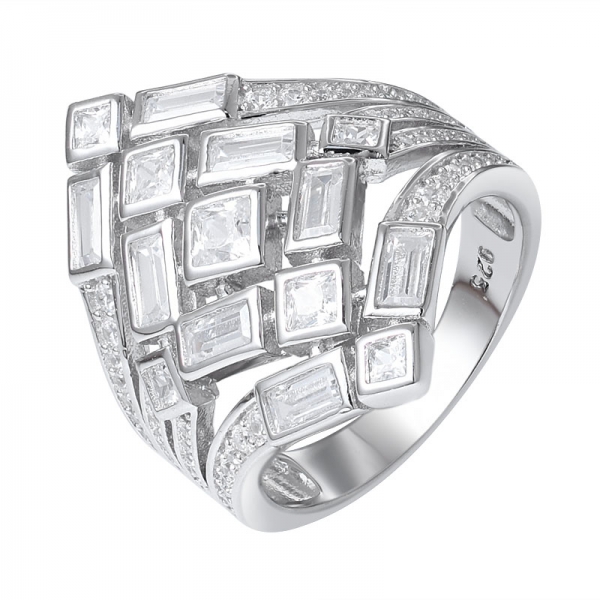 anillo de plata con diseño de racimo de circonita cúbica blanca y rodio de corte cuadrado sobre plata esterlina 