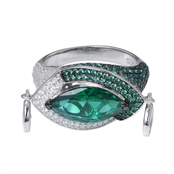 creado esmeralda verde Marquse corte negro 2 tono plateado 925 anillo de plata esterlina 