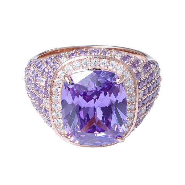 amatista violeta y transparente CZ baño en tono oro rosa 925 anillo de plata esterlina 