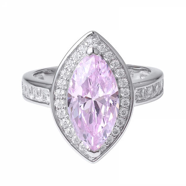 rosa claro CZ rosa Diamante piedra talla marquesa rodio 925 anillo de plata esterlina 