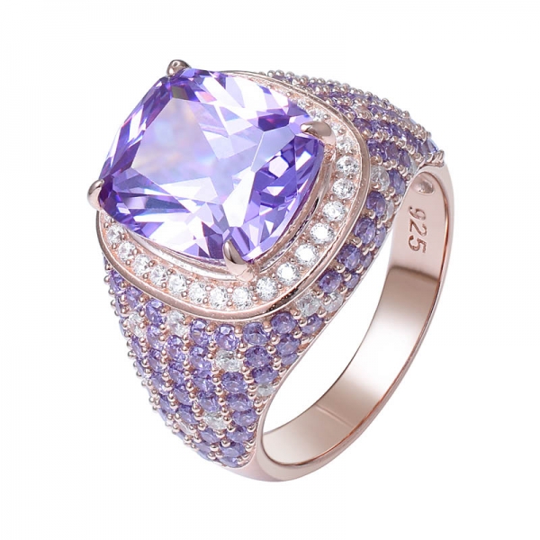 amatista violeta y transparente CZ baño en tono oro rosa 925 anillo de plata esterlina 