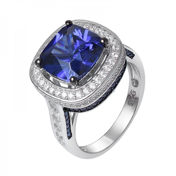 corte cojín azul simulado Tanzanita redondo claro CZ chapado en tono negro 925 anillo de bodas de plata esterlina 