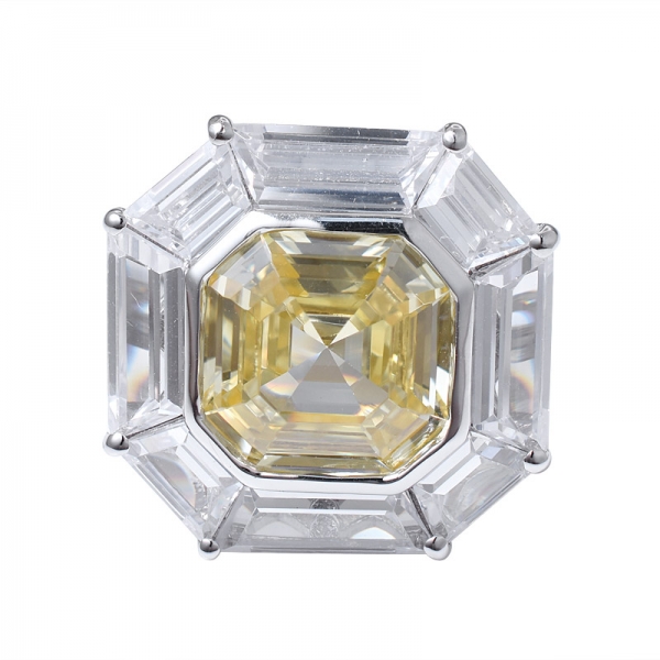  Asscher corte simula diamante amarillo rodio sobre anillo de plata esterlina 