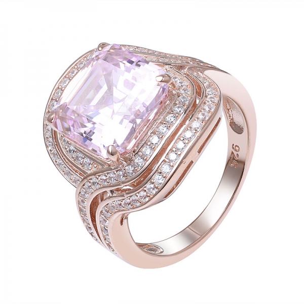  Asscher diamante rosa tallado en oro rosa simulado sobre 925 anillo de bodas de plata esterlina 