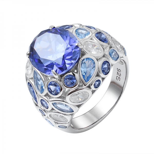 azul Tanzanita corte ovalado 925 anillo de compromiso de plata esterlina 