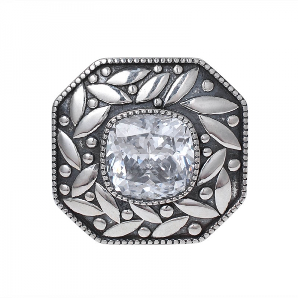 anillo de plata de ley con circonita cúbica blanca de talla cojín artesana negra sobre 