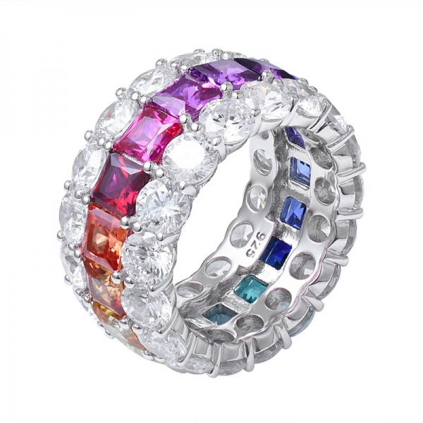 sintético Sahhpire Princesa y Ronda anillo de eternidad arcoíris de 3 líneas cortado en rodio sobre plata esterlina 