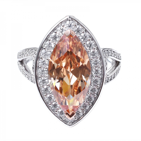  champagne diamante CZ corte marquesa 2 tonos sobre 925 anillo de compromiso de plata esterlina 
