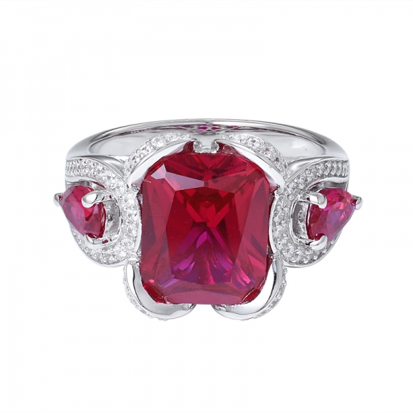 rodio talla princesa creado con rubí sobre 925 anillo de compromiso de plata de ley con 3 piedras 