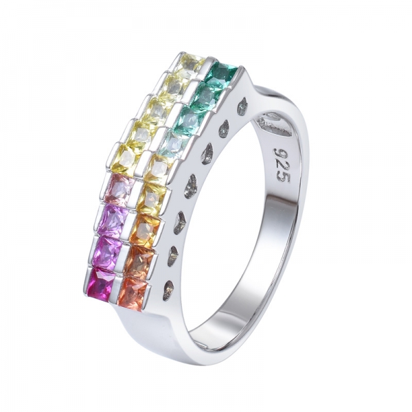 sintético Sahhpire corte princesa 2,0 mm anillo con banda de arcoíris de 2 líneas en plata de ley y rodio 