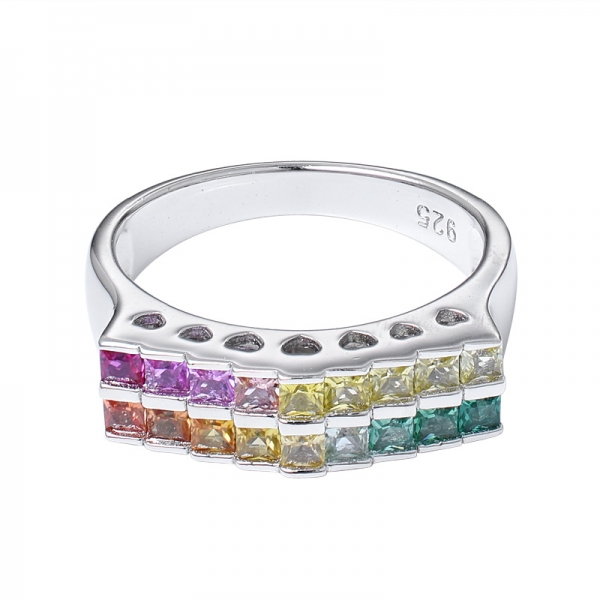 sintético Sahhpire corte princesa 2,0 mm anillo con banda de arcoíris de 2 líneas en plata de ley y rodio 
