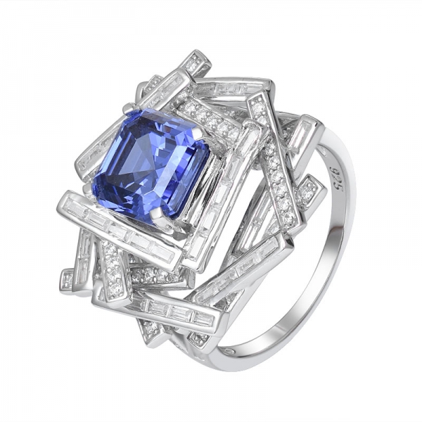 azul Tanzanita creado Asscher rodio cortado sobre 925 anillo de plata esterlina 