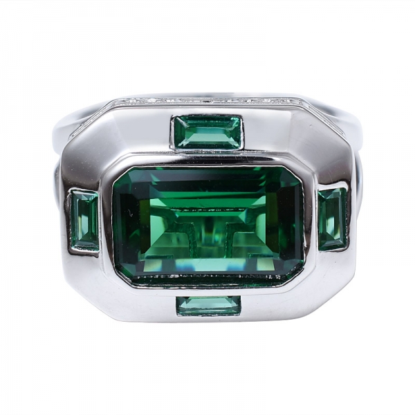 esmeralda verde creado en rodio sobre 925 anillo de plata esterlina 