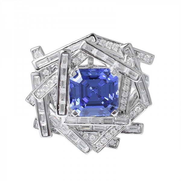 azul Tanzanita creado Asscher rodio cortado sobre 925 anillo de plata esterlina 