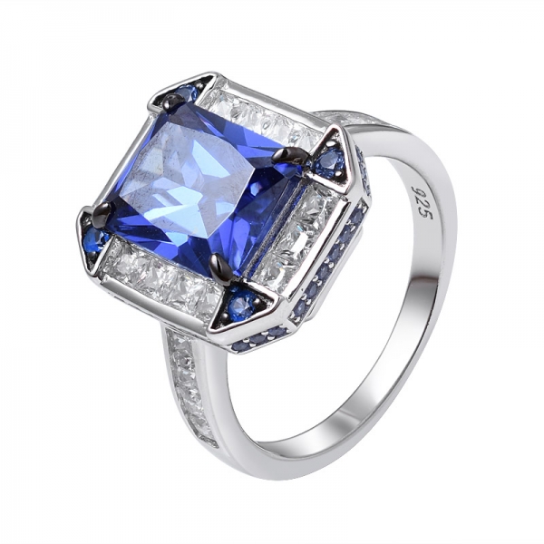 creado azul Tanzanita corte esmeralda rodio y negro anillo de compromiso artesanal sobre plata de ley 